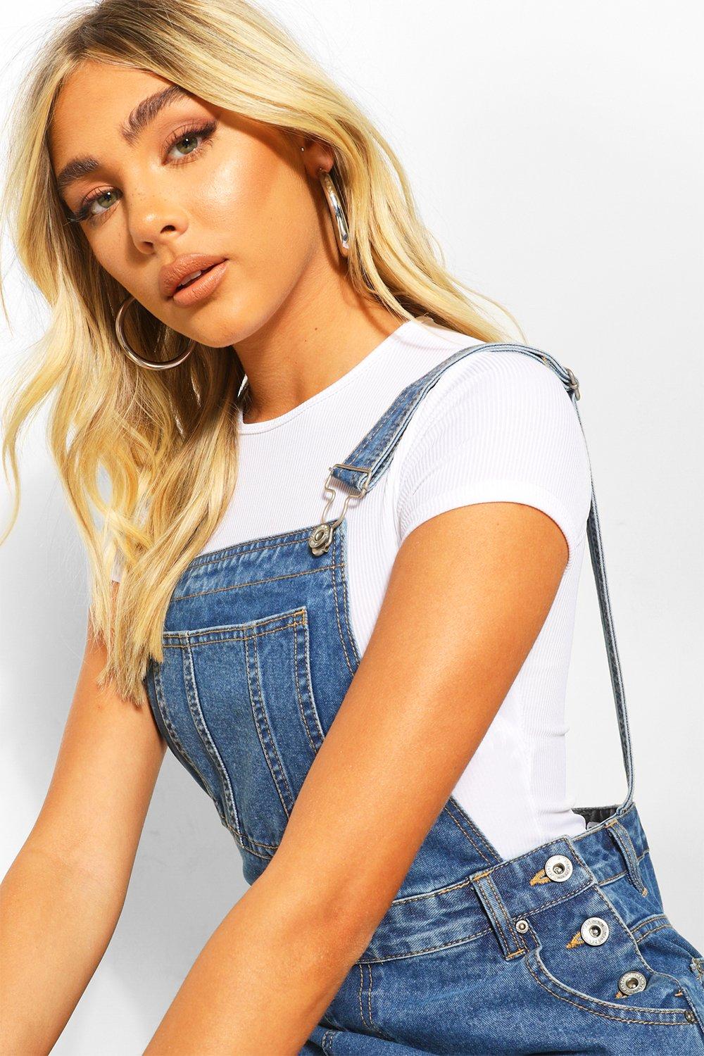 Boohoo denim pinafore clearance dress